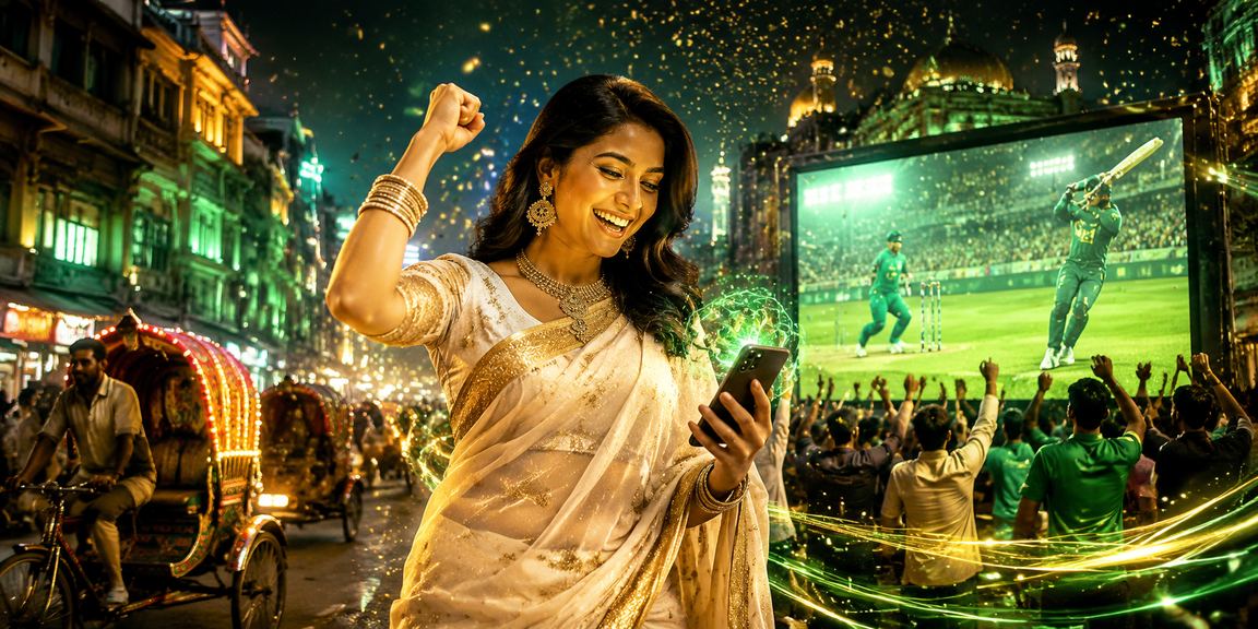 ঢাকায় শাড়ি পরা একজন নারী মোবাইলে cv9993 - এ ক্রিকেট বেটিং দেখছেন