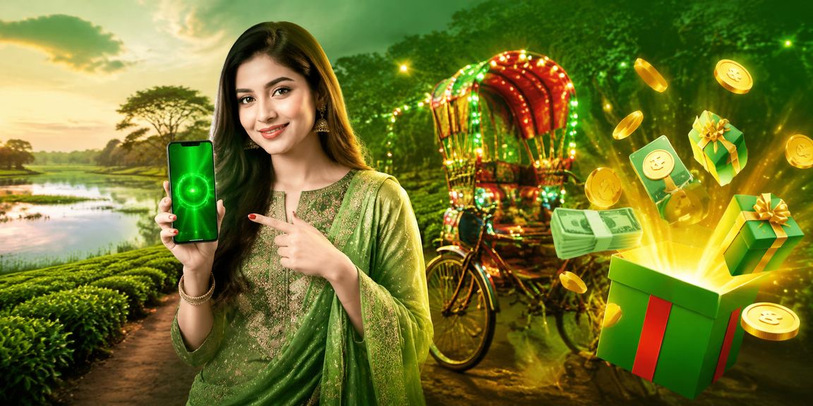 ঢাকায় বাংলাদেশের জাতীয় রঙে সজ্জিত পরিবেশে মোবাইলে ডিপোজিট করছেন একজন ব্যবহারকারী